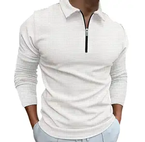Custom Sustainable Waffle Knit Long Sleeve Men Polo Shirts Cotton Soft Blank Solid Men Regular Fit T-Shirt