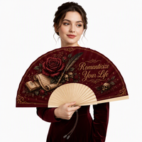 Éventail pliant Gothique Dark Academia avec logo personnalisé, en tissu, manche en bois, sangle de poignet, cadeau, souvenir de fête