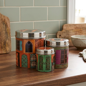 Moroccan Style stainless steel Spice <b>Containers</b> With Lid Round Design For <b>Kitchen</b> <b>Storage</b> Printed Pattern Decorative Food jar - Product Image 5