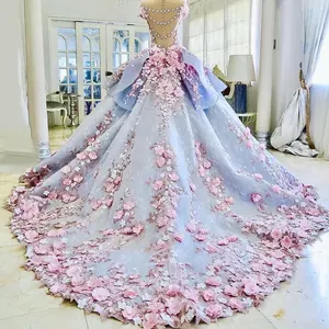 Vestido Dubái de alta costura 3d, rosa, bordado, tela de encaje