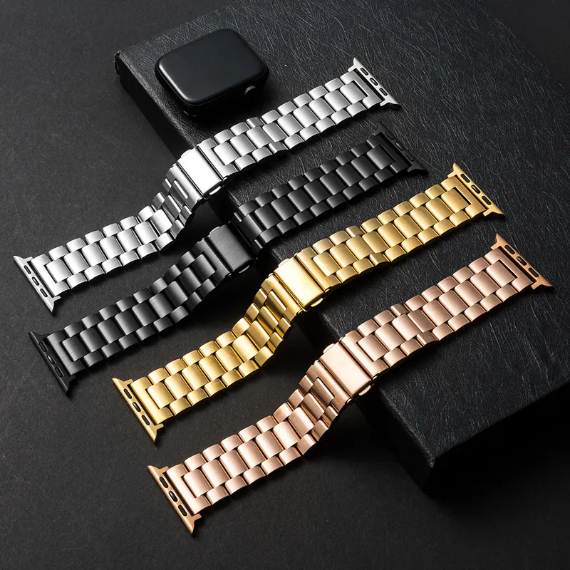 Luxury Stainless Steel I 3 Beads Metal Watch Band For Apple Watch 7 38mm 40mm 44mm 3 Links Strap For IWatch Band