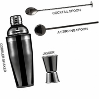 Ensemble de shaker à cocktail noir canon de fusil 4 pièces en acier inoxydable, outils de bar Cobbler avec doseur, cuillère de bar et paille pour bar à domicile