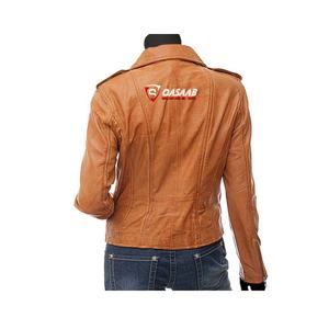 Ladies-Tan Leather Breathable Fashion Bikers Jackets Longed-Zipper Turn-Down Collar Pu Leather Women's Jackets - Product Image 2