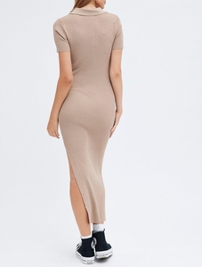 Abito da sera in <span class=keywords><strong>maglia</strong></span> Slim personalizzato in <span class=keywords><strong>maglia</strong></span> viscosa in <span class=keywords><strong>maglia</strong></span> <span class=keywords><strong>Beige</strong></span> a maniche corte Maxi collo con colletto e collo alto abito in <span class=keywords><strong>maglia</strong></span> da donna - Product Image 3