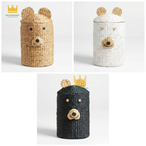 Handmade Modern Water Hyacinth Bear <b>Basket</b> with <b>Handles</b> <b>Wicker</b> Cute Animal Storage Nursery Organizer for Baby Room Bathroom - Product Image 5