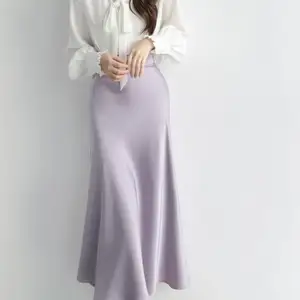 กระโปรงยาวผ้าซาตินเอวสูงสไตล์วินเทจสำหรับผู้หญิง,กระโปรงยาวคลุมเข่าสำหรับสาวออฟฟิศฤดูร้อนปี93