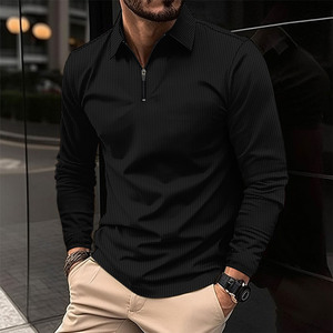 <span class=keywords><strong>Polo</strong></span> da uomo di lusso in seta a <span class=keywords><strong>maniche</strong></span> <span class=keywords><strong>lunghe</strong></span> per primavera autunno, stile street fashion business, con risvolto e cerniera, tinta unita, ecologico - Product Image 2