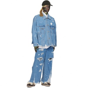 Veste en jean bleu déchiré à bords effilochés et délavés pour homme - Product Image 4