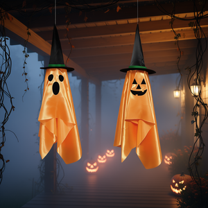2 unidades de fantasmas colgantes naranjas con sombreros de bruja, decoraciones para fiestas de Halloween, para el alero del árbol del porche - Product Image 2