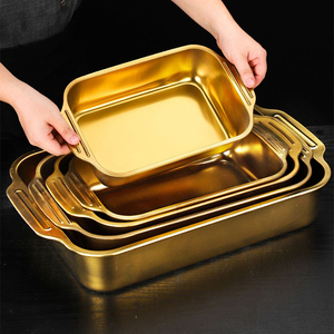 Plaque de cuisson rectangulaire profonde en acier inoxydable plaquée or de grande taille pour assiettes de restaurant cuisson du poisson - Product Image 1