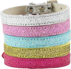 Collar de perro de PU ajustable personalizado disponible con lentejuelas brillantes Collar de perro de diamante de aleación sólida informal para perros - Product Image 2