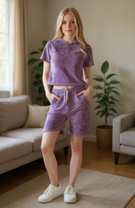 TC378 Completo da donna in velluto a 2 pezzi con pantaloncini, felpa con cappuccio a maniche corte, vestibilità ampia, tinta unita, casual, per primavera estate, lunghezza sopra il ginocchio - Product Image 2