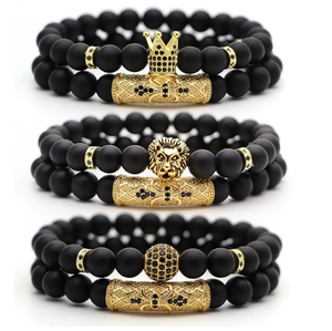 Clásico 2 unid/set Stretch Black Pulsera de cuentas de acero inoxidable para hombre Pave Zircon Cz Ball Skull Lion Charms Pulseras Conjunto de joyería - Product Image 1