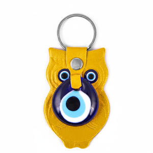 Porte-clés en faux cuir doré en forme de hibou avec mauvais œil fait à la main de Turquie - Product Image 4