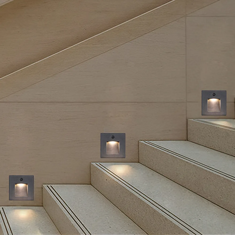Lâmpada LED embutida para piso de parede com sensor externo 3w, lâmpada de canto de alumínio para corredor, luz de degrau de escada
