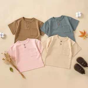 Großhandel Bio-Baumwolle Baby Shirt Neutrale Farbe Kinder Top Vintage Kleinkind T-Shirt Mit Front tasche