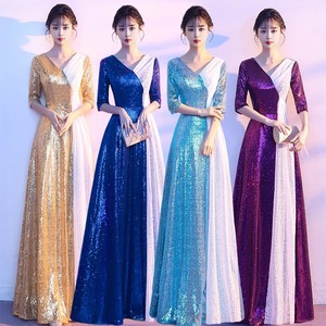 Women Long Evening Gown Stage Performance Dress Sky Blue Champagne Gold Blue Purple Adult Recitation Competition Costume - Product Image 1