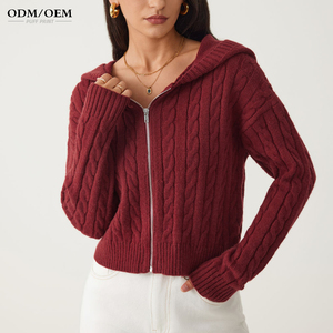 เสื้อโค้ทไหมพรมซิปแฟชั่นฤดูใบไม้ร่วง เสื้อคาร์ดิแกนไหมพรมถักแบบสั่งทำพิเศษสำหรับผู้หญิงมีฮู้ด - Product Image 1