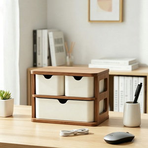 Bamboo Fiber Desktop <b>Storage</b> <b>Box</b> Double Layer With <b>Drawers</b> Organizer For Office Bedroom Jewelry - Product Image 2