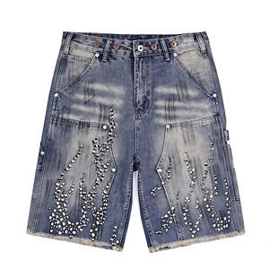 <span class=keywords><strong>Shorts</strong></span> Deportivos Unisex de Mezclilla con Pedrería, Diseño a Cuadros, Pierna Ancha, Corte Holgado, Cintura Elástica, Transpirables, Antiarrugas, de Secado Rápido, Tejido de Punto, Estilo <span class=keywords><strong>Cargo</strong></span> - Product Image 1