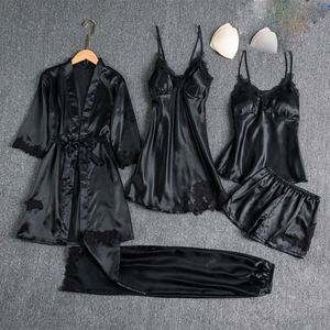 Ropa para el hogar con <span class=keywords><strong>Jama</strong></span> de cuero Pijamas de mujer con almohadillas para el pecho Conjunto de pijamas de encaje sexy de satén Pijamas de seda - Product Image 3