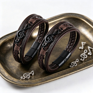 Leather Multi Layer Bracelet With Music Note Design <b>Magnetic</b> <b>Clasp</b> For Men Gift Jewelry 7.5in 8.5in 9in - Product Image 1