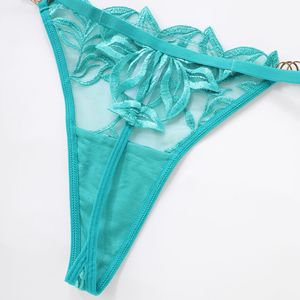 <b>Green</b> <b>Sexy</b> Lace Leaf Embroidery <b>Lingerie</b> Set Women Underwire Mesh Bra and Thong Panties 2 Piece See Through Underwear Set - Product Image 6