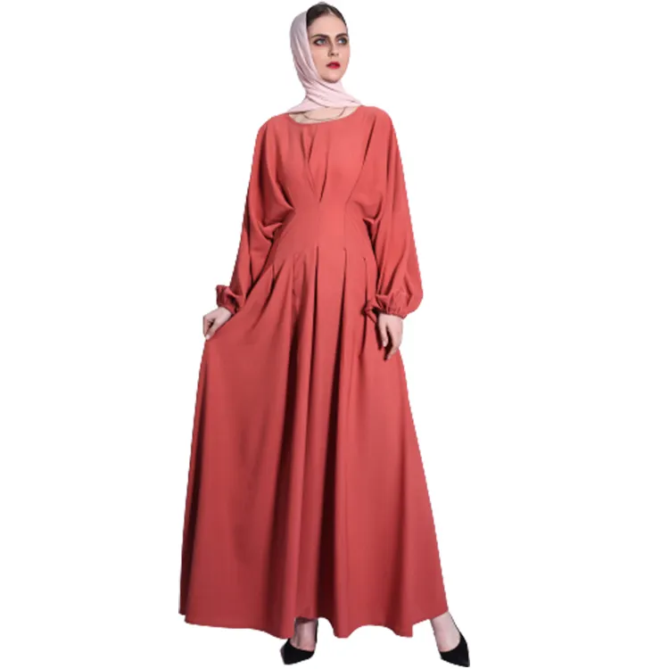 Moda Abaya kadınlar müslüman elbise yüksek bel puf kollu yuvarlak boyun Abaya elbiseler