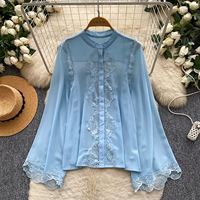Chemisier décontracté ample à manches longues et col montant en dentelle patchwork pour femme, idéal pour l'automne