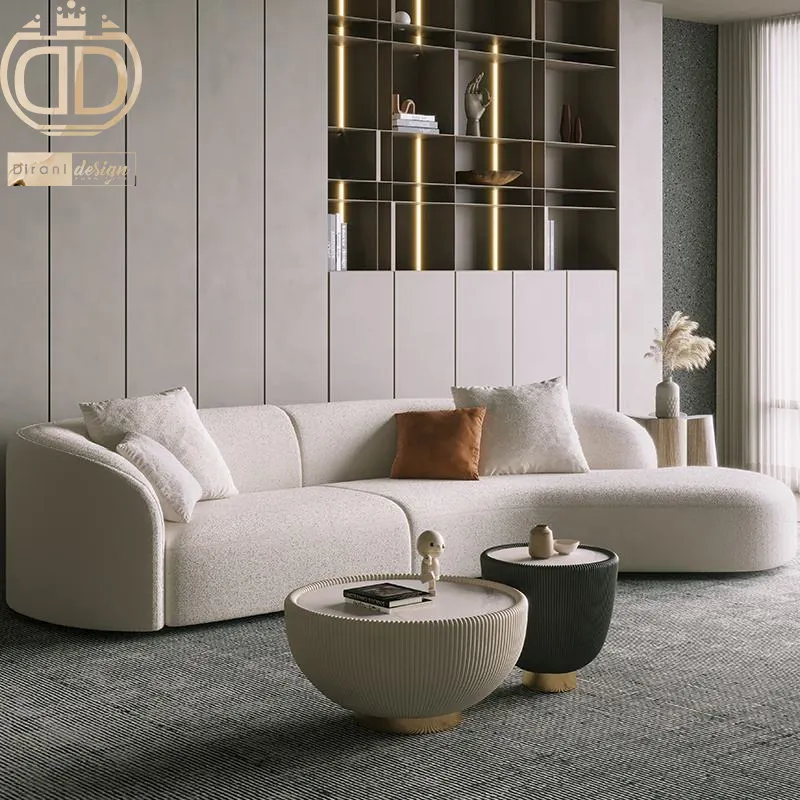 Sofá redondo e macio de caxemira, sofá simples e minimalista em formato de caxemira, branco e de luxo com design