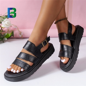 BARCHON LJ4213 negro marrón piedra estampado cuero Sandalias Mujer Zapatos 2024 verano moda plataforma calzado Sandalias planas - Product Image 4