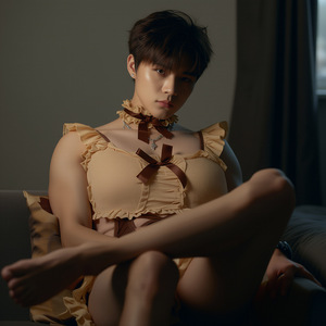 Men's sexy lingerie set, lace ruffle bodysuit, crossdressing role-playing seductive pajamas, brown bear - Product Image 3