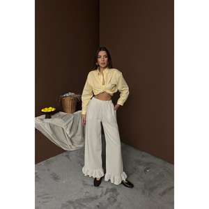 Pantalones de Lino Beige para Mujer, Corte Recto, Cintura Media, Dobladillo con Volantes, Transpirables - Product Image 6