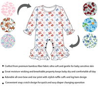 Romper Bayi Perempuan Serat Bambu Premium Lengan Panjang Motif Bintang Pita di Seluruh Badan Hiasan Ruffle Kancing Selangkangan Desain Khusus Pakaian Bayi