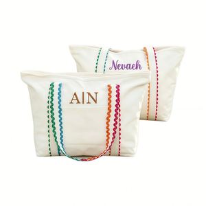 Sac fourre-tout en toile personnalisé avec nom, initiales brodées, forme carrée décontractée, couleur unie, cadeau pour demoiselle d'honneur, idéal pour l'été - Product Image 1