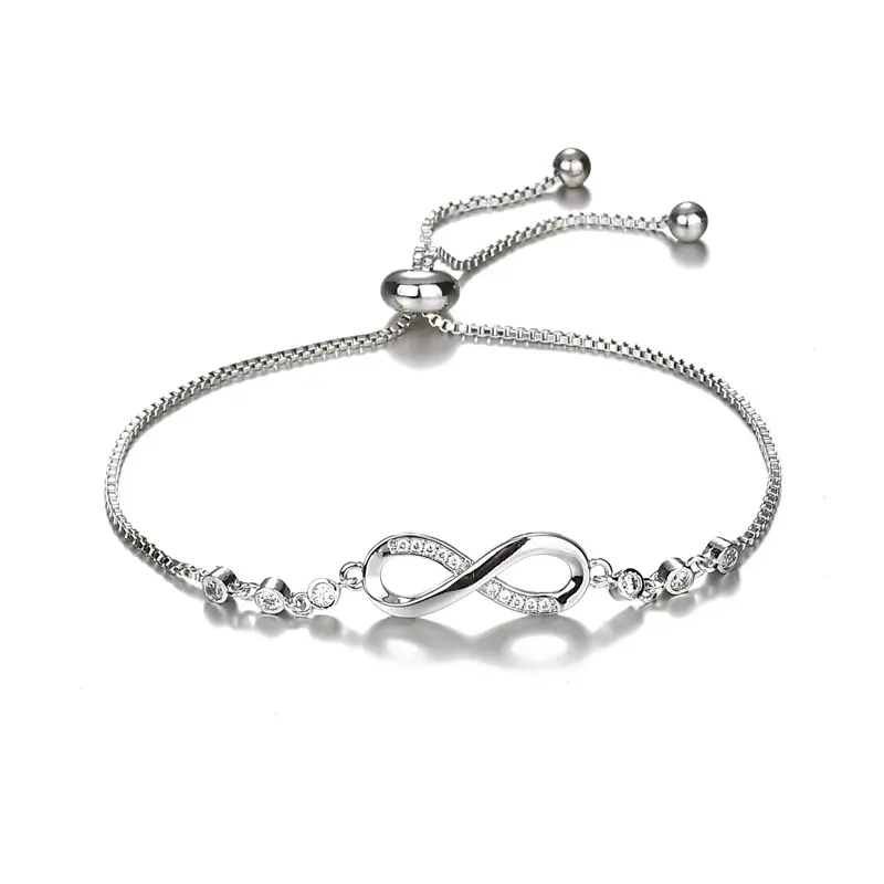 European and American Hotsale CZ Crystal Infinity Bracelet Silver Adjustable Tennis Chain Eight Shaped Bracelets
