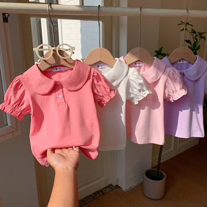 Camicia per Bambine Primavera 2026, T-Shirt <span class=keywords><strong>Polo</strong></span> Stampata a Maniche Corte con Colletto a Bambola e Maniche a Sbuffo - Product Image 1