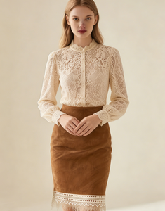 Women's Caramel Suede-Like <b>Knitted</b> Pencil Skirt Moisture-Wicking Vintage Knee-Length Effortless Chic Autumn - Product Image 6