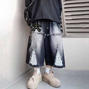 디즈뉴 2025 남성용 선 페이드 데님 반바지 빈티지 워시드 90년대 힙합 스타일 통기성 니트 스트리트웨어 청바지 셔츠 - Product Image 1