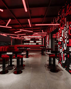 Conception personnalisée d'intérieur de boîte de nuit au design moderne et contrasté rouge-noir, avec sélection de matériaux et conception 3D - Product Image 2