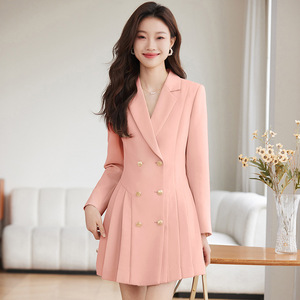Women's Apricot Suit Dress Double Breasted Peplum Mid Length Career Dress Solid Color Notched Neckline Woven Fabric - Product Image 2