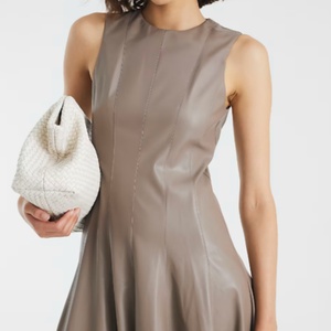 Robe midi en crêpe et similicuir, col halter, taille ajustée, couleur pierre, pour printemps-été, service OEM - Product Image 2