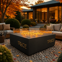 Table de foyer extérieure sur mesure en acier au carbone avec chauffage au gaz, allumage à distance et réservoir de propane dissimulé pour les fêtes