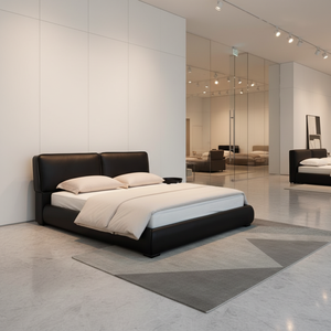 เตียงหนังสีดำทั้งหมด ดีไซน์เรียบง่ายทันสมัย ขนาดคิงไซส์และควีนไซส์ เตียงหนังคู่นุ่มสบายสำหรับเฟอร์นิเจอร์ห้องนอน - Product Image 5