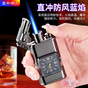 Dual Flame Embossed Quartz Watch Clock Cigarette Lighter Transparent Air Chamber <b>Refillable</b> Butane Windproof Classic Business - Product Image 3