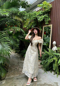 Vestido Midi de Encaje Floral Color Nude, Vestido Midi de Encaje Floral con Cuello Cuadrado, Vestido Tejido de Poliéster Elegante y Femenino - Product Image 6