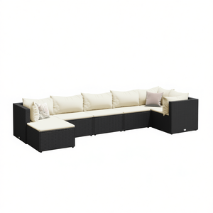 Ensemble de salon de jardin en rotin noir avec coussins blancs crème pour s'asseoir et se détendre en extérieur - Product Image 1