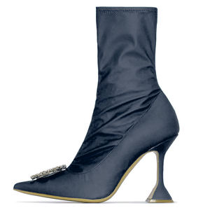 Botines de Satén <span class=keywords><strong>Azul</strong></span> al por Mayor para Mujer, Tacones Altos con Punta en Pico, Botas Cortas con Cristales - Product Image 2