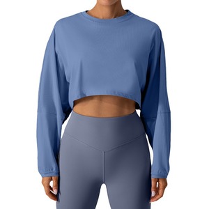 Scoop <b>Neck</b> Cropped Breathable Sportswear T-Shirt Base Shirt Yoga Running Loose Long Sleeved Women's Top with Front Logo - Product Image 6