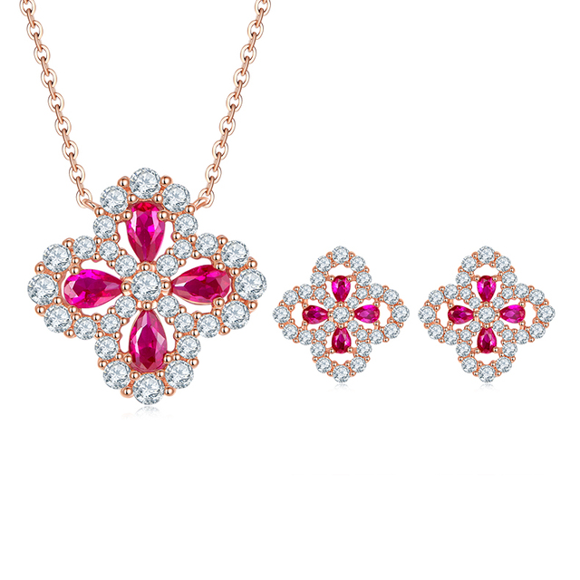 Gift Ready 925 Sterling Silver Ruby Four Leaf Clover Bridal Set Necklace Earrings Engagement Anniversary Wedding for Women